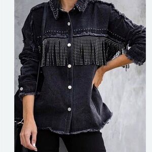 Vici Woman’s Size Medium Western Black Denim Studded Fringe Jacket Cowboy Black
